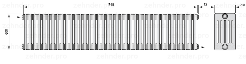 Схема (чертеж) Радиатор Zehnder Charleston 6060/38 №1670 Белый глянцевый RAL 9016